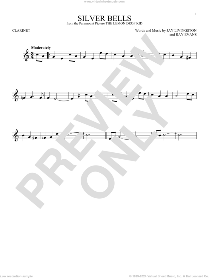 Silver Bells sheet music for clarinet solo by Jay Livingston, Jay Livingston & Ray Evans and Ray Evans, intermediate skill level