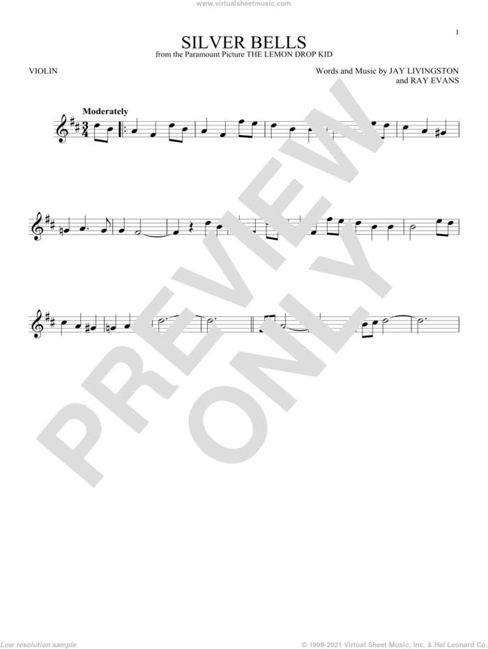 Silver Bells sheet music for violin solo by Jay Livingston, Jay Livingston & Ray Evans and Ray Evans, intermediate skill level