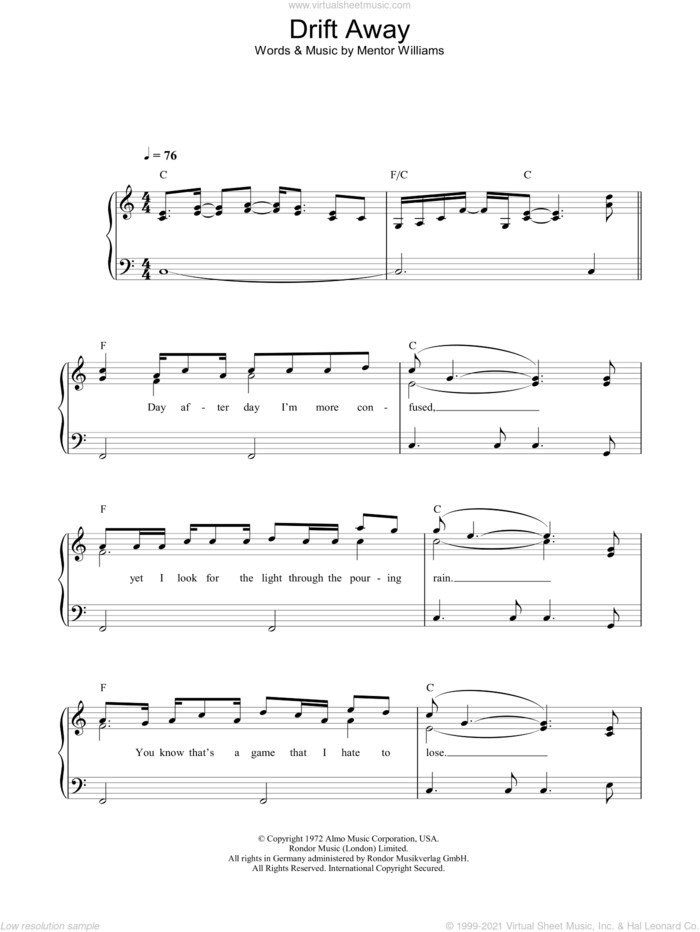 Drift Away sheet music for piano solo by Dobie Gray and Mentor Williams, easy skill level