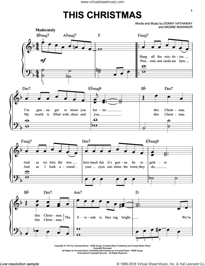 This Christmas, (beginner) sheet music for piano solo by Donny Hathaway and Nadine McKinnor, beginner skill level