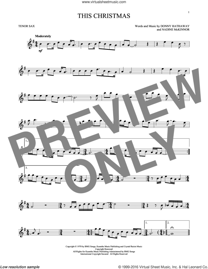 This Christmas sheet music for tenor saxophone solo by Donny Hathaway and Nadine McKinnor, intermediate skill level
