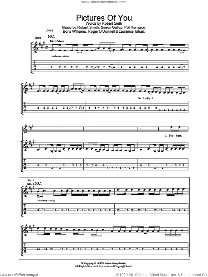 Pictures Of You sheet music for guitar (tablature) by The Cure, Boris Williams, Laurence Tolhurst, Porl Thompson, Robert Smith and Simon Gallup, intermediate skill level