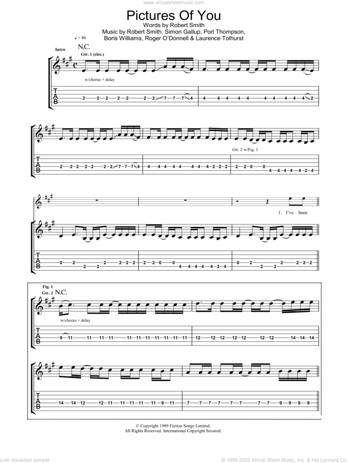 Pictures Of You sheet music for guitar (tablature) by The Cure, Boris Williams, Laurence Tolhurst, Porl Thompson, Robert Smith and Simon Gallup, intermediate skill level