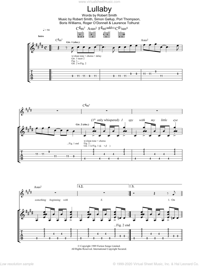 Lullaby sheet music for guitar (tablature) by The Cure, Boris Williams, Laurence Tolhurst, Porl Thompson, Robert Smith and Simon Gallup, intermediate skill level