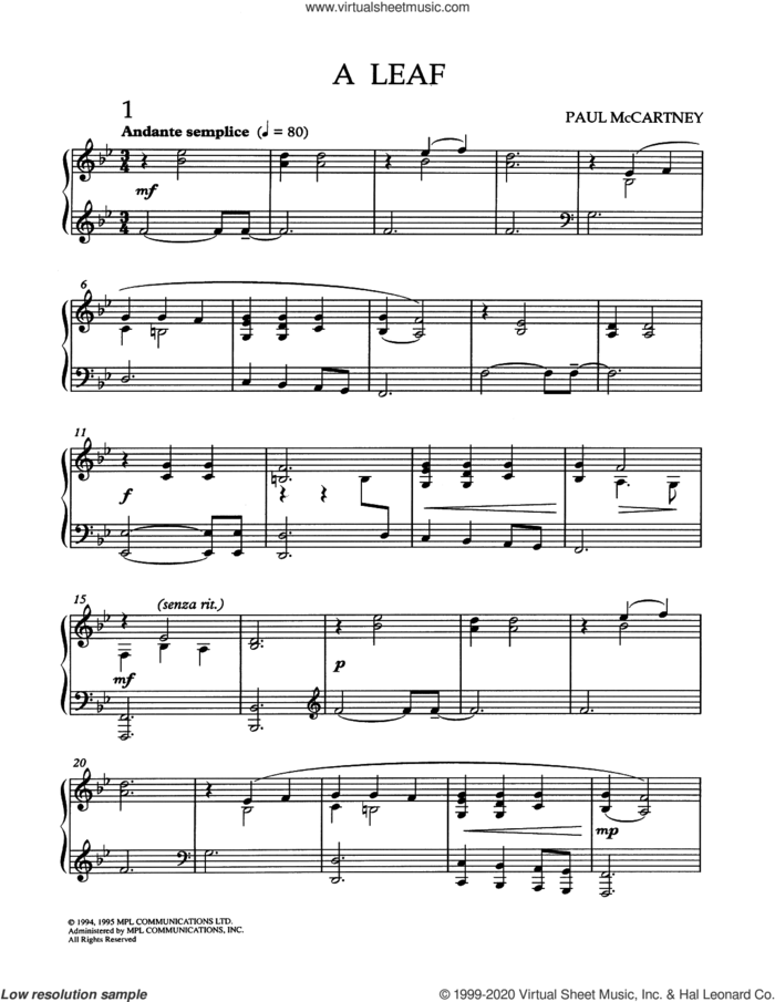 A Leaf sheet music for piano solo by Paul McCartney, intermediate skill level