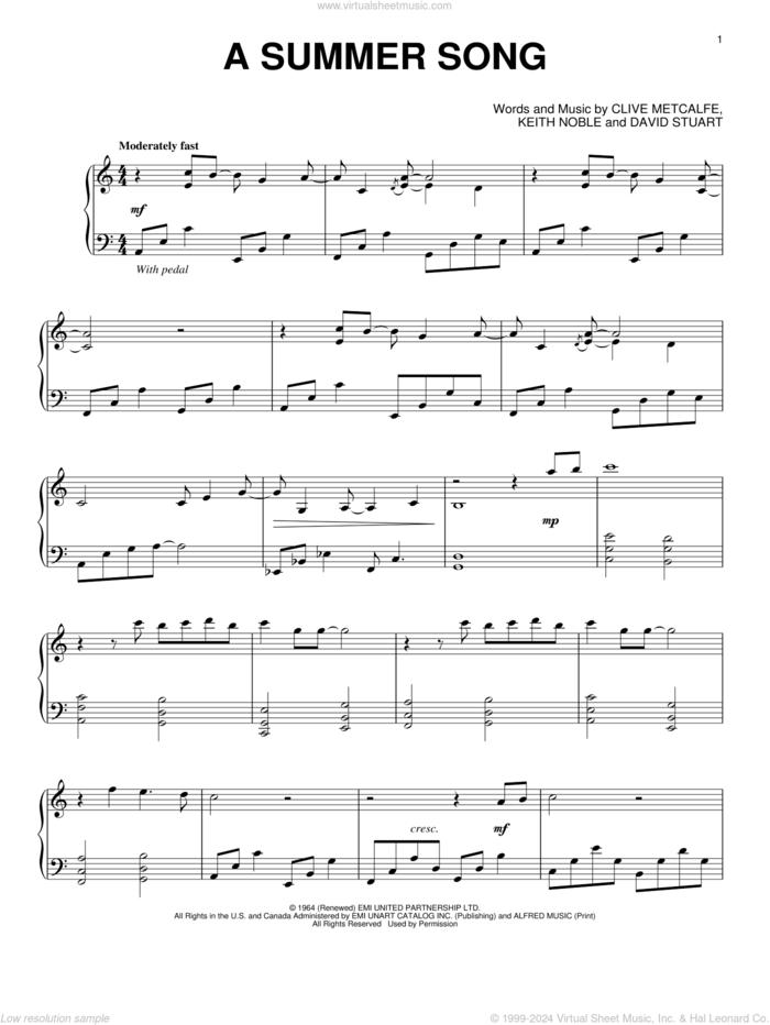 A Summer Song sheet music for piano solo by David Lanz, Clive Metcalfe, David Stuart and Keith Noble, intermediate skill level