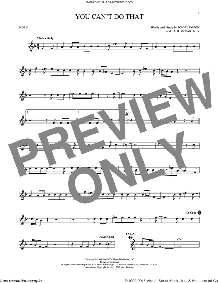 You Can't Do That sheet music for horn solo by The Beatles, John Lennon and Paul McCartney, intermediate skill level