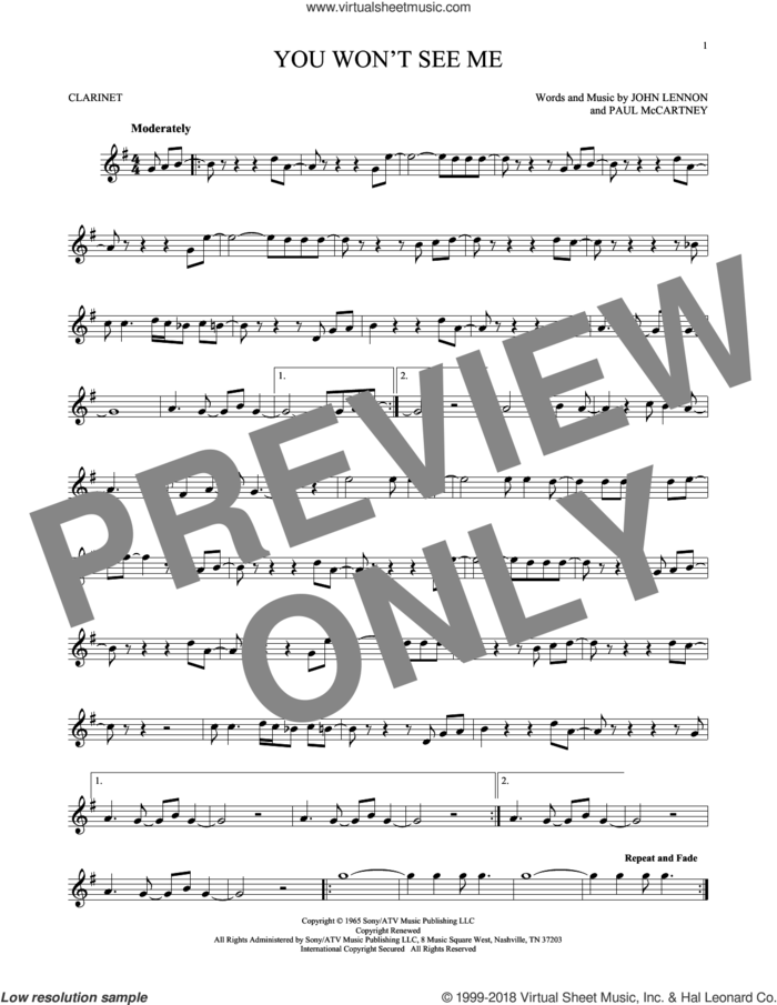 You Won't See Me sheet music for clarinet solo by The Beatles, John Lennon and Paul McCartney, intermediate skill level