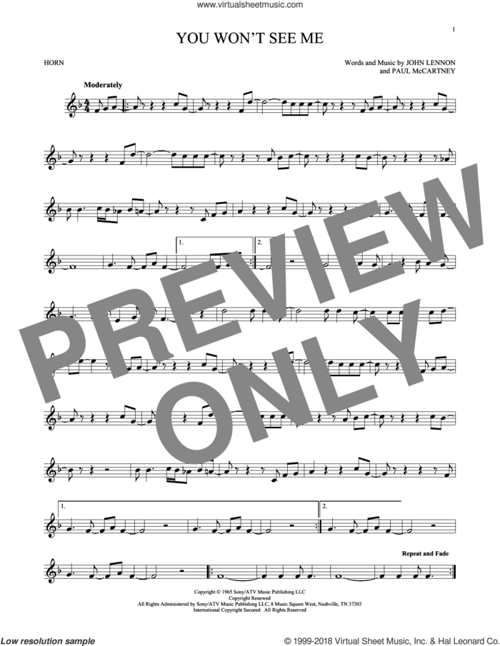 You Won't See Me sheet music for horn solo by The Beatles, John Lennon and Paul McCartney, intermediate skill level
