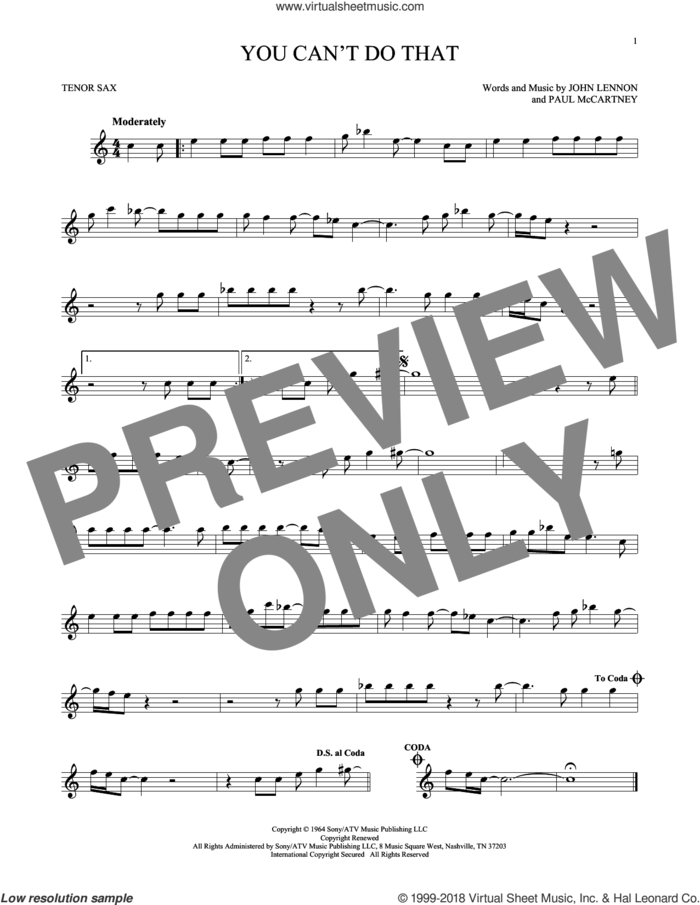 You Can't Do That sheet music for tenor saxophone solo by The Beatles, John Lennon and Paul McCartney, intermediate skill level