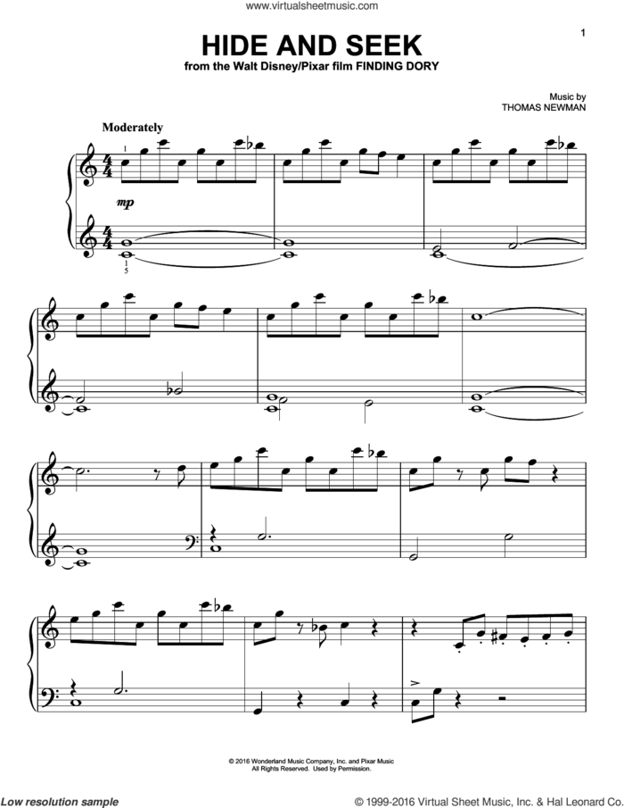 Hide And Seek (from Finding Dory) sheet music for piano solo by Thomas Newman, easy skill level
