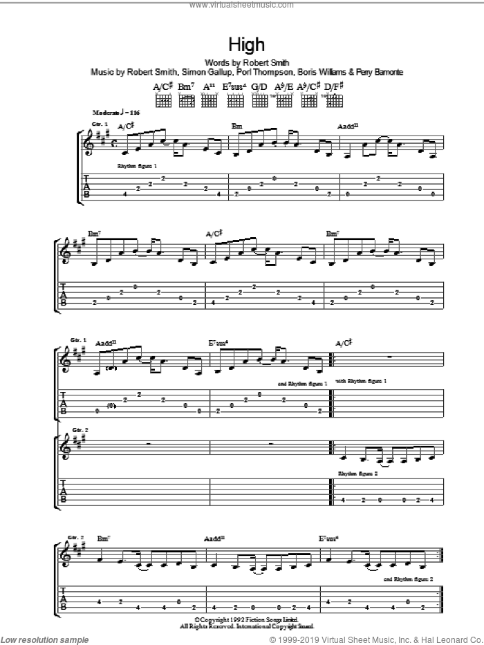 High sheet music for guitar (tablature) by The Cure, Boris Williams, Perry Bamonte, Porl Thompson, Robert Smith and Simon Gallup, intermediate skill level