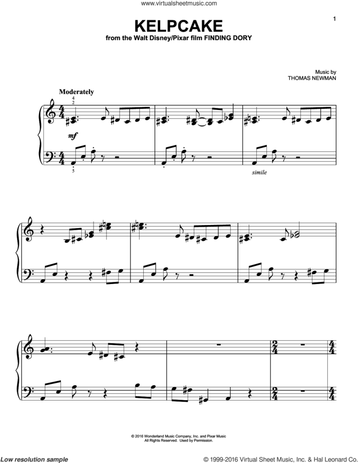 Kelpcake (from Finding Dory), (easy) sheet music for piano solo by Thomas Newman, easy skill level