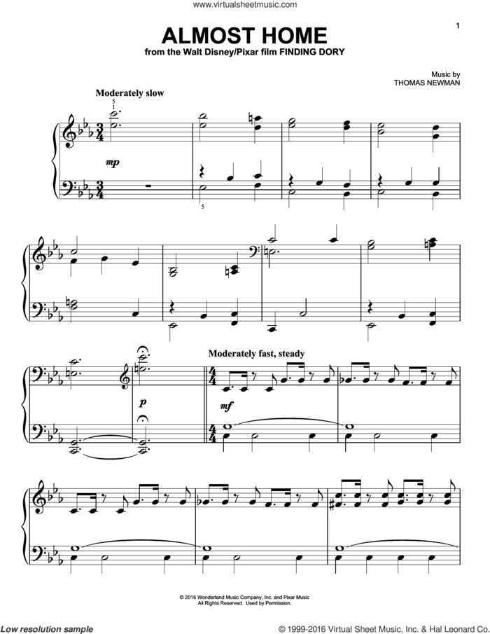 Almost Home (from Finding Dory), (easy) sheet music for piano solo by Thomas Newman, easy skill level