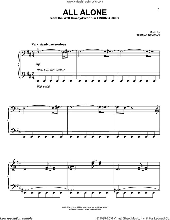 All Alone (from Finding Dory) sheet music for piano solo by Thomas Newman, easy skill level