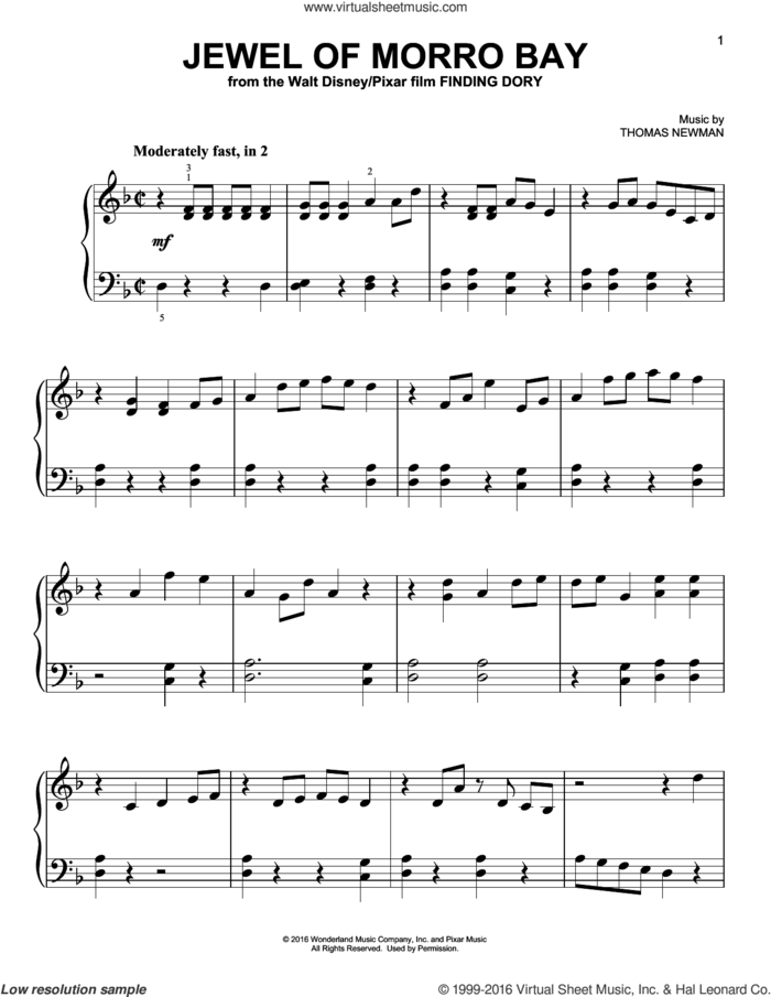 Jewel Of Morro Bay (from Finding Dory) sheet music for piano solo by Thomas Newman, easy skill level
