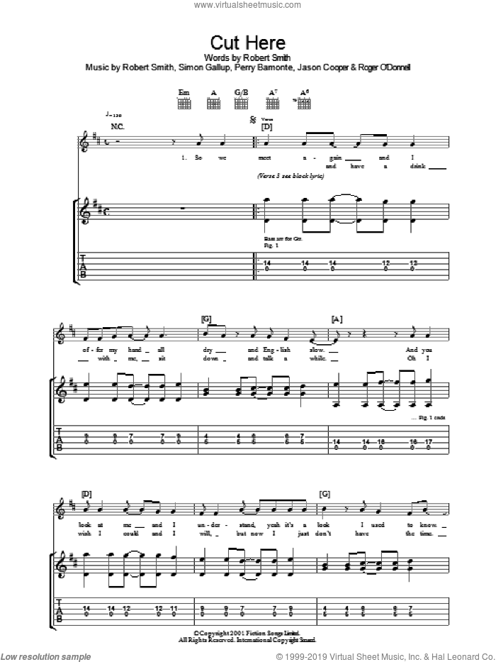 Cut Here sheet music for guitar (tablature) by The Cure, Jason Cooper, Perry Bamonte, Robert Smith and Simon Gallup, intermediate skill level