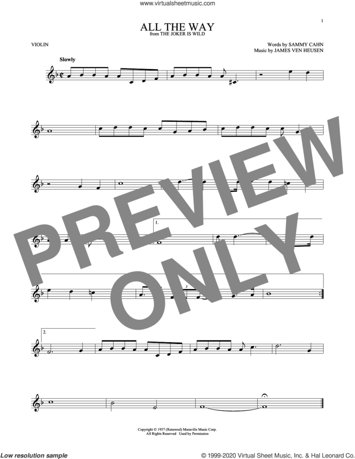 All The Way sheet music for violin solo by Sammy Cahn, Frank Sinatra and Jimmy van Heusen, intermediate skill level