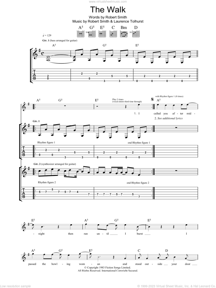 The Walk sheet music for guitar (tablature) by The Cure, Laurence Tolhurst and Robert Smith, intermediate skill level