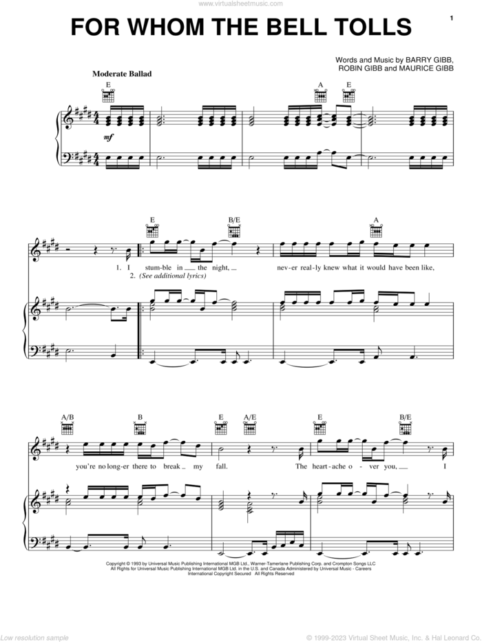 For Whom The Bell sheet for voice, piano guitar