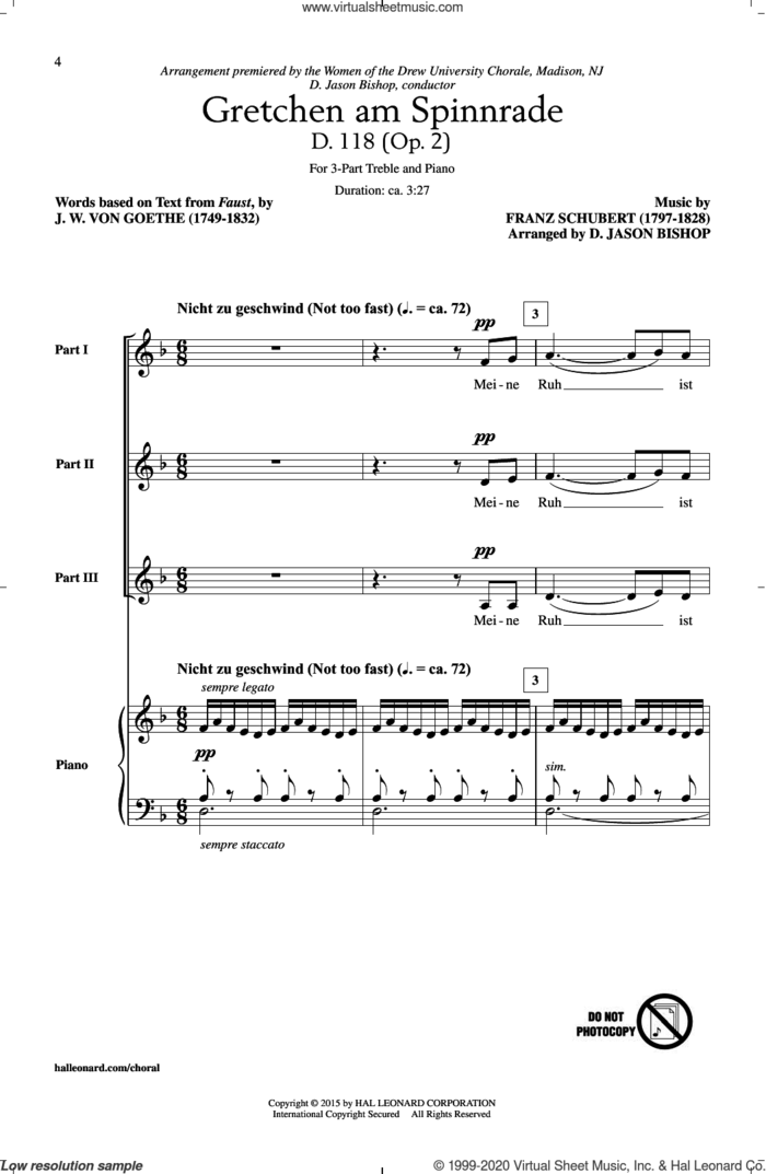 Gretchen At The Spinning Wheel (Gretchen Am Spinnrade) sheet music for choir (3-Part Treble) by Franz Schubert, D. Jason Bishop and J.W. von Goethe, classical score, intermediate skill level