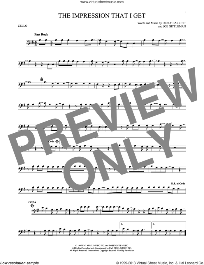 The Impression That I Get sheet music for cello solo by The Mighty Mighty Bosstones, Dicky Barrett and Joe Gittleman, intermediate skill level
