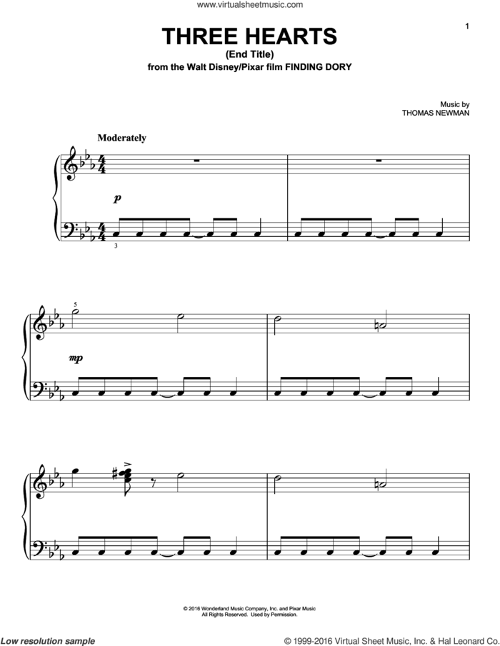 Three Hearts (End Title) (from Finding Dory), (easy) sheet music for piano solo by Thomas Newman, easy skill level