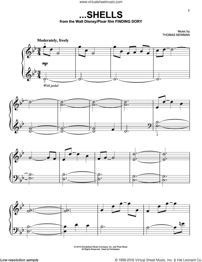 ...Shells (from Finding Dory) sheet music for piano solo by Thomas Newman, easy skill level