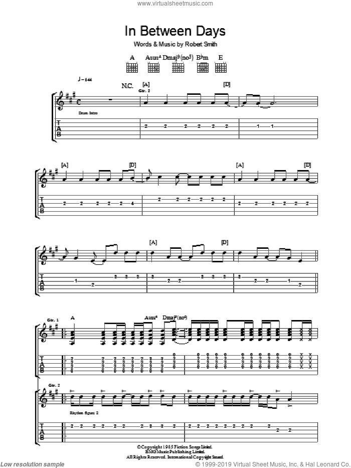 In Between Days sheet music for guitar (tablature) by The Cure and Robert Smith, intermediate skill level