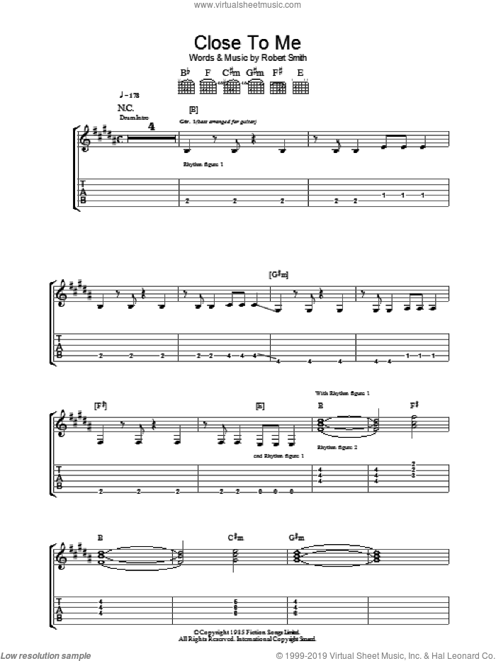 Close To Me sheet music for guitar (tablature) by The Cure and Robert Smith, intermediate skill level