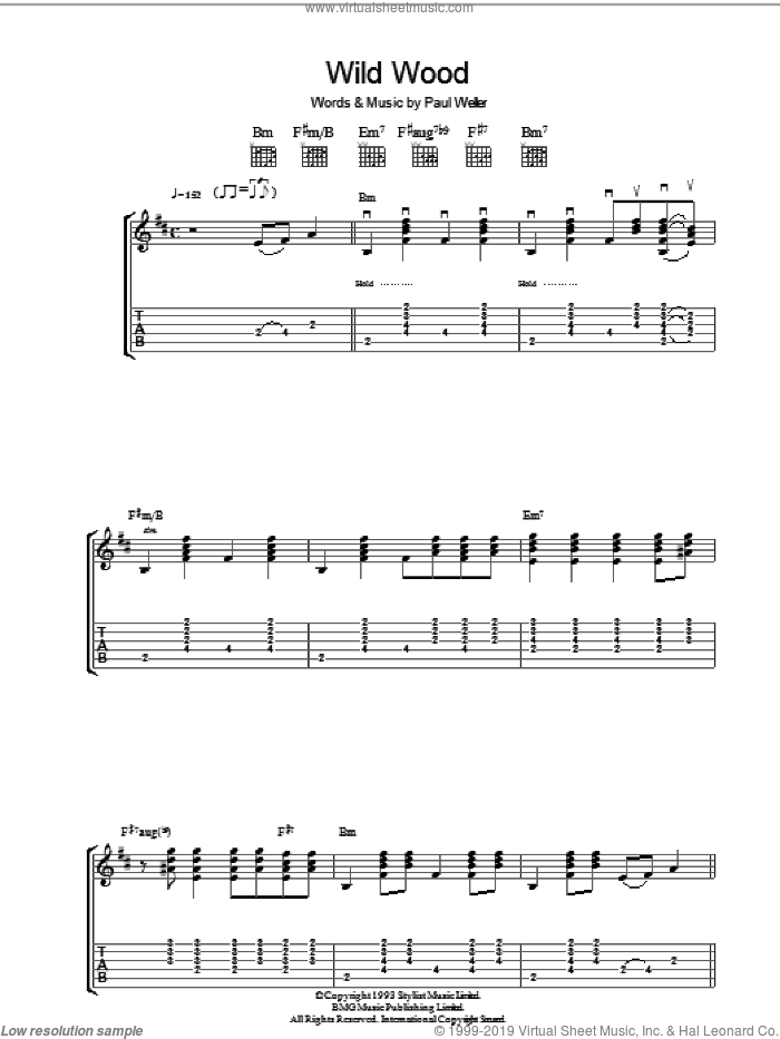 Wild Wood sheet music for guitar (tablature) by Paul Weller, intermediate skill level
