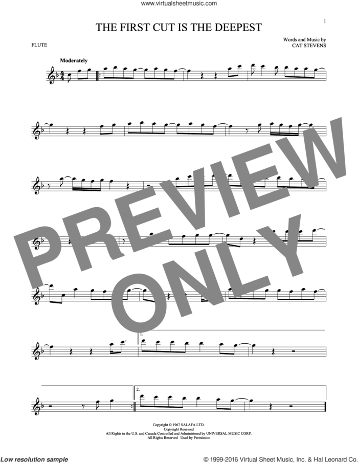 The First Cut Is The Deepest sheet music for flute solo by Cat Stevens, Rod Stewart and Sheryl Crow, intermediate skill level