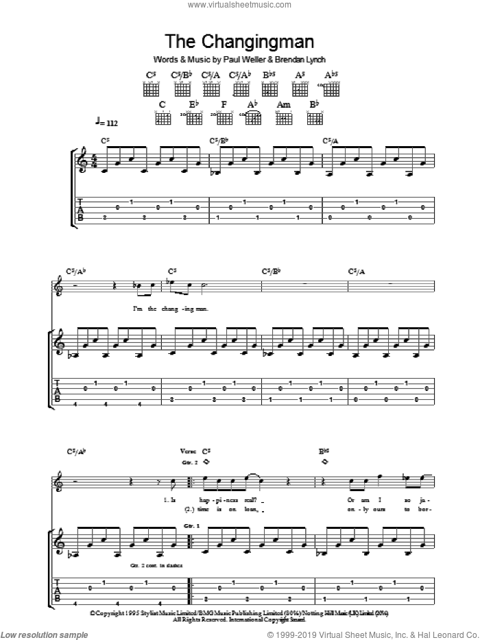 The Changingman sheet music for guitar (tablature) by Paul Weller and Brendan Lynch, intermediate skill level