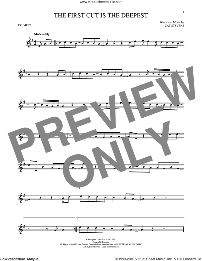 The First Cut Is The Deepest sheet music for trumpet solo by Cat Stevens, Rod Stewart and Sheryl Crow, intermediate skill level