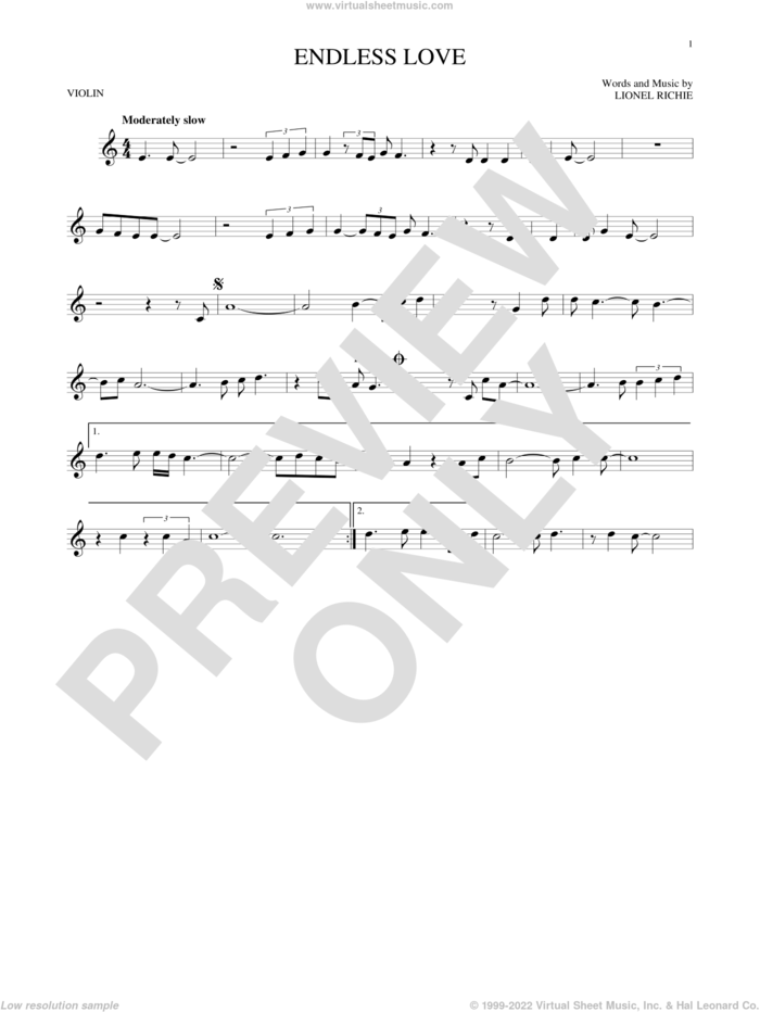 Endless Love sheet music for violin solo by Diana Ross & Lionel Richie, wedding score, intermediate skill level
