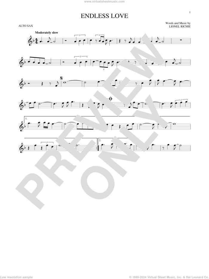 Endless Love sheet music for alto saxophone solo by Diana Ross & Lionel Richie, wedding score, intermediate skill level