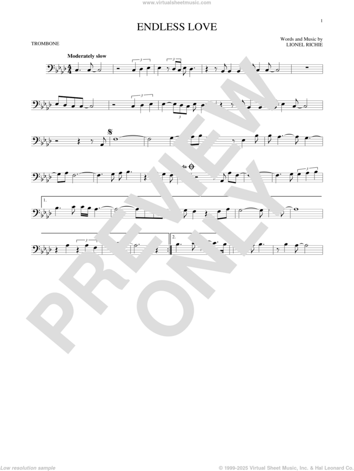 Endless Love sheet music for trombone solo by Diana Ross & Lionel Richie, wedding score, intermediate skill level