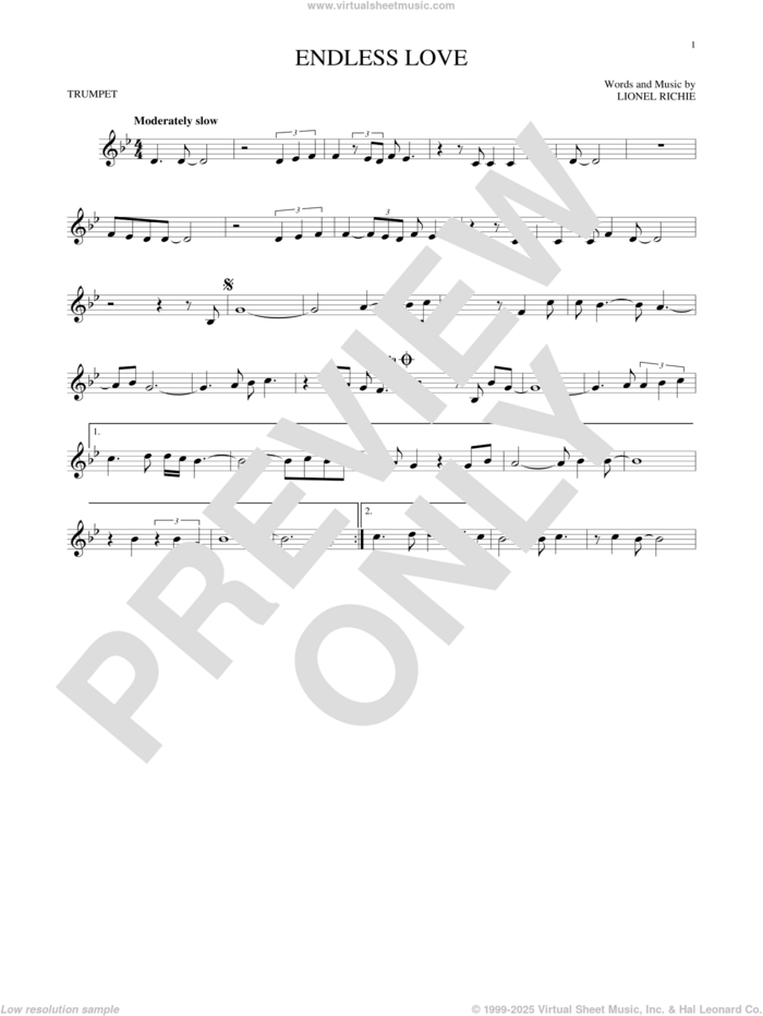 Endless Love sheet music for trumpet solo by Diana Ross & Lionel Richie, wedding score, intermediate skill level