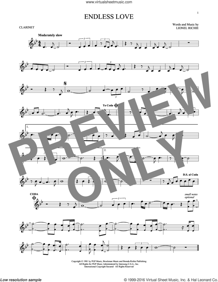 Endless Love sheet music for clarinet solo by Diana Ross & Lionel Richie, wedding score, intermediate skill level