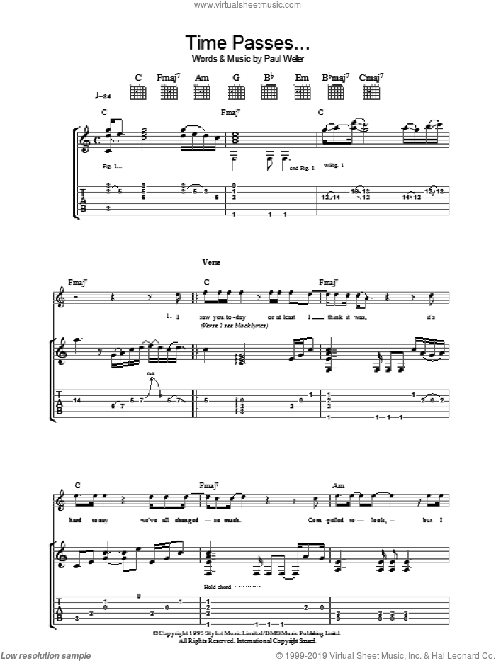 Time Passes sheet music for guitar (tablature) by Paul Weller, intermediate skill level