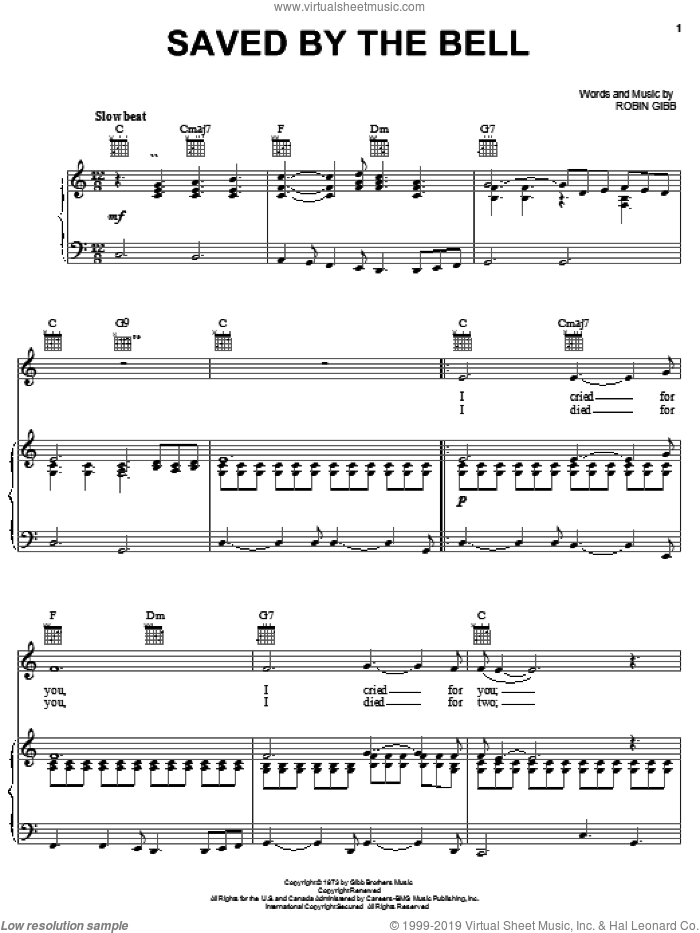 Saved By The Bell sheet music for voice, piano or guitar by Bee Gees and Robin Gibb, intermediate skill level