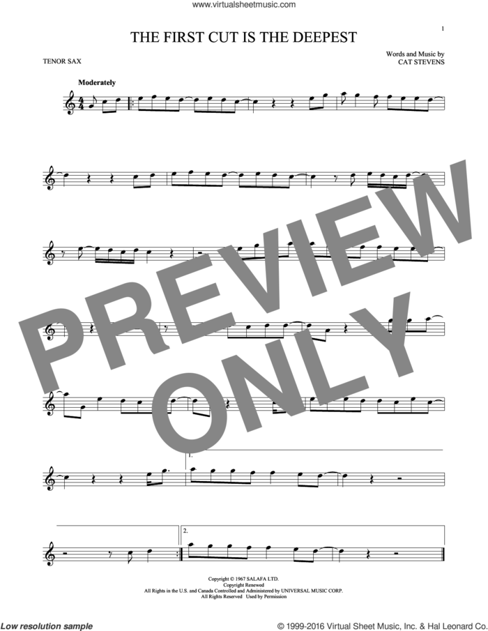 The First Cut Is The Deepest sheet music for tenor saxophone solo by Cat Stevens, Rod Stewart and Sheryl Crow, intermediate skill level