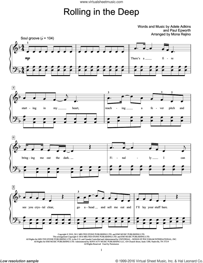 Rolling In The Deep sheet music for piano solo (elementary) by Adele, Mona Rejino, Adele Adkins and Paul Epworth, beginner piano (elementary)