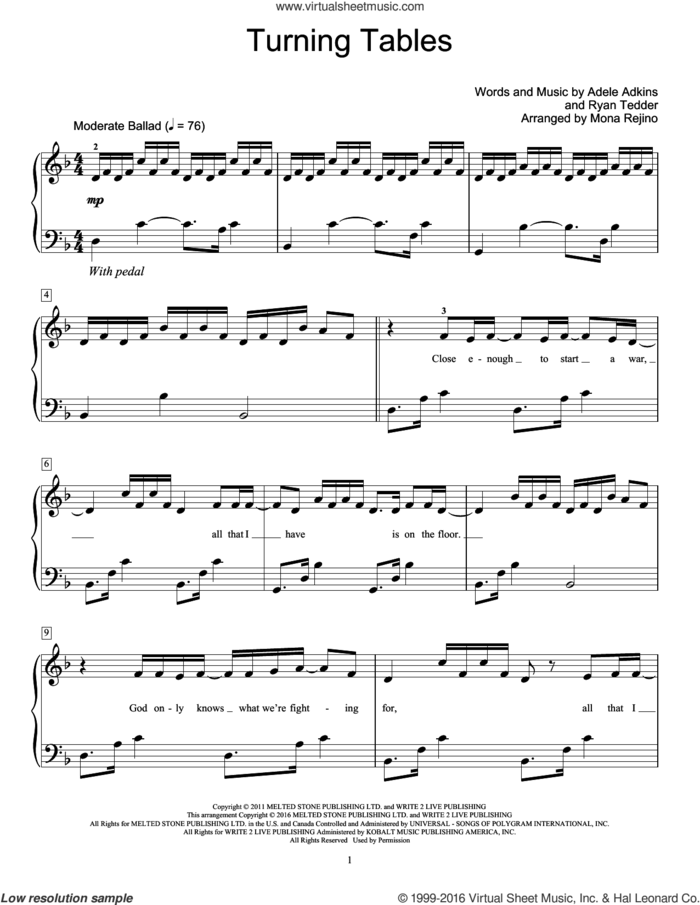 Turning Tables sheet music for piano solo (elementary) by Adele, Mona Rejino, Adele Adkins and Ryan Tedder, beginner piano (elementary)