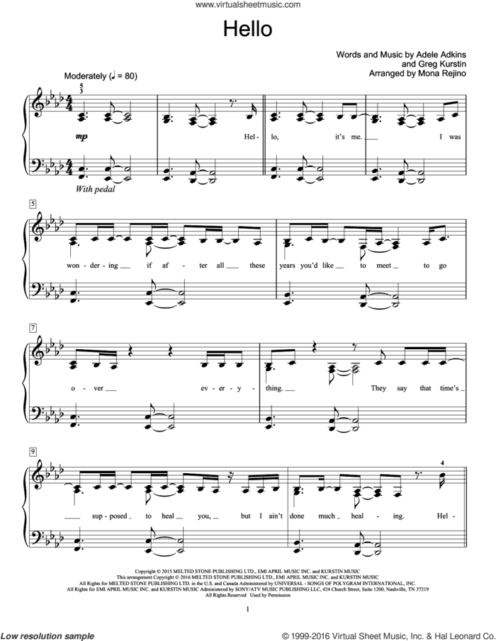 Hello sheet music for piano solo (elementary) by Adele, Mona Rejino, Adele Adkins and Greg Kurstin, beginner piano (elementary)