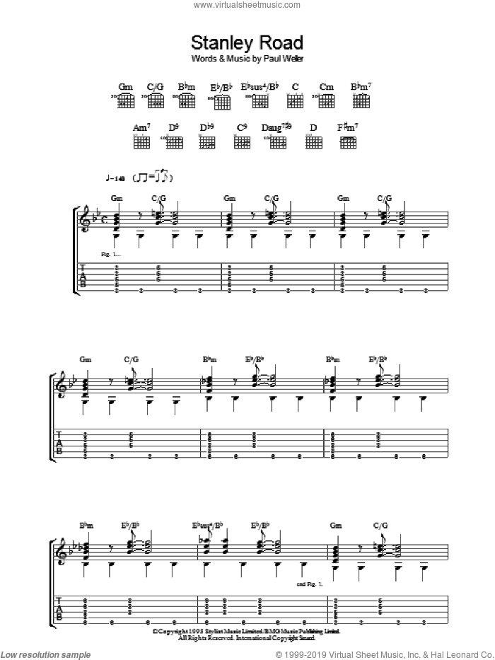 Stanley Road sheet music for guitar (tablature) by Paul Weller, intermediate skill level