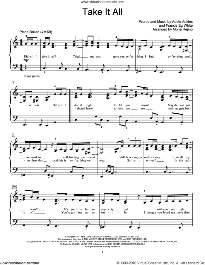 Take It All sheet music for piano solo (elementary) by Adele, Mona Rejino, Adele Adkins and Francis White, beginner piano (elementary)