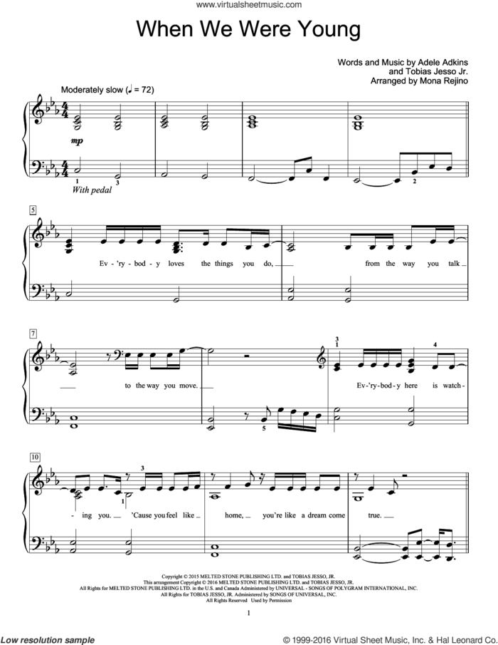 When We Were Young sheet music for piano solo (elementary) by Adele, Mona Rejino, Adele Adkins and Tobias Jesso Jr., beginner piano (elementary)