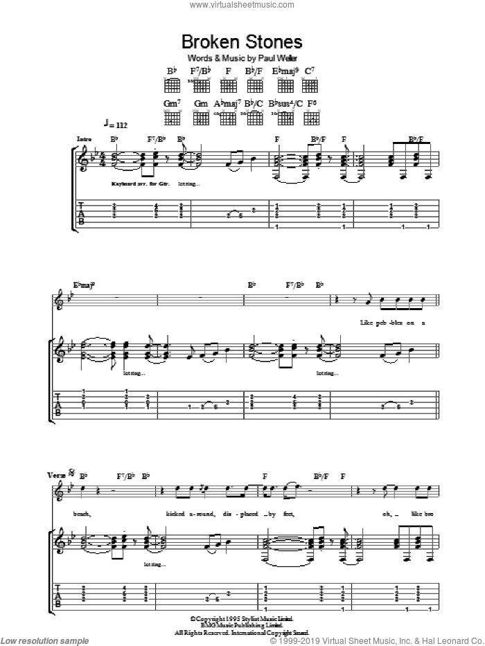 Broken Stones sheet music for guitar (tablature) by Paul Weller, intermediate skill level