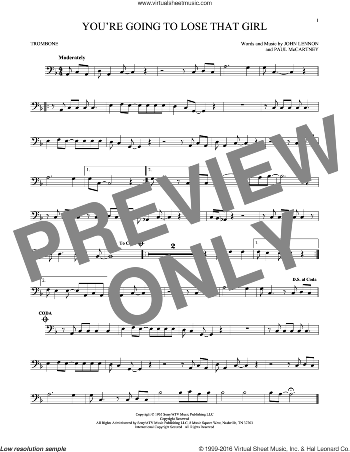 You're Going To Lose That Girl sheet music for trombone solo by The Beatles, John Lennon and Paul McCartney, intermediate skill level